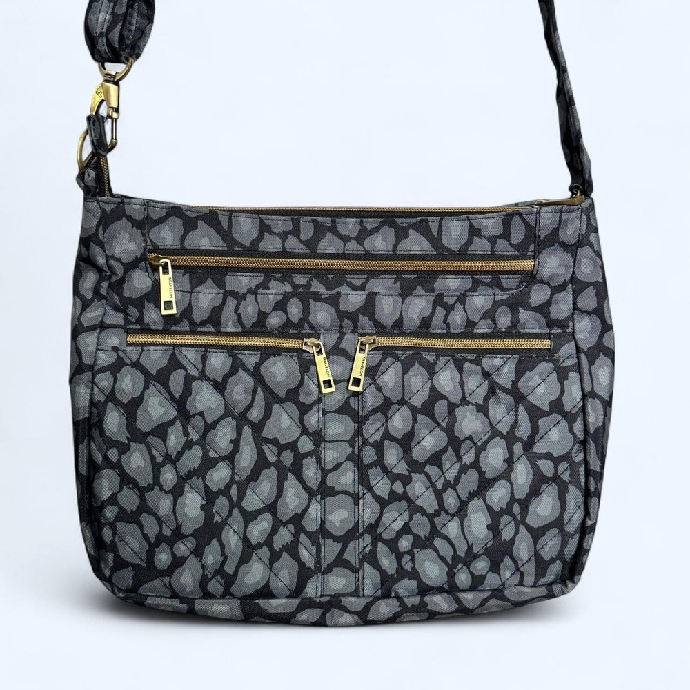 Travelon Gray Black Leopard Print Crossbody Bag Zip Multi Pocket Travel Commuter